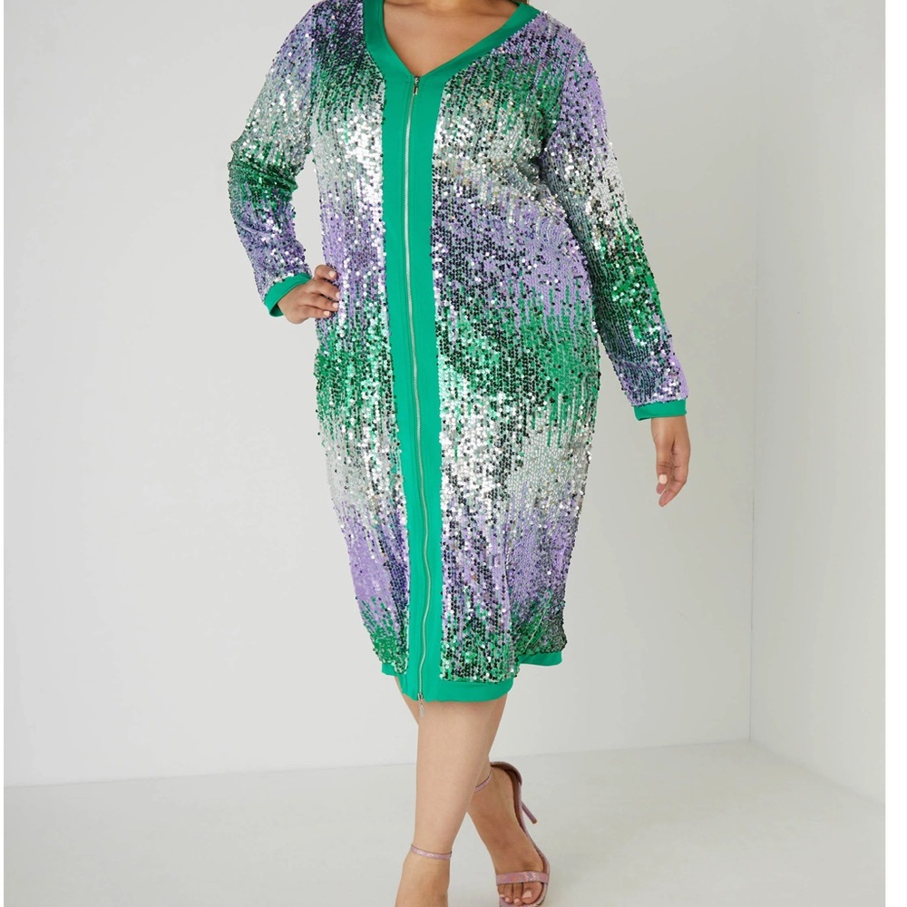 Ashley Stewart Green and Purple Sequin Midi Dress